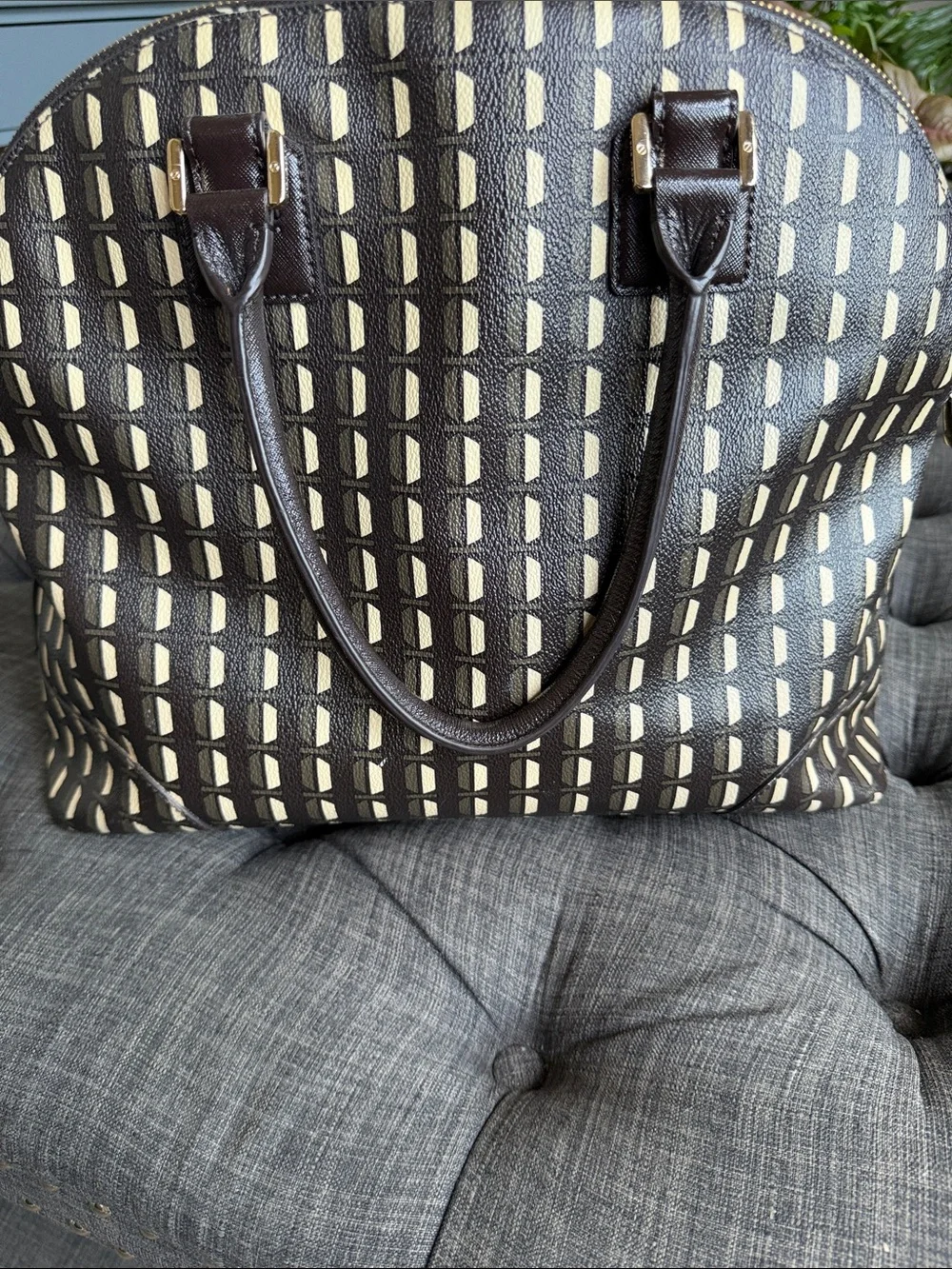 Tory Burch Black and Cream Patterned Dome Tote